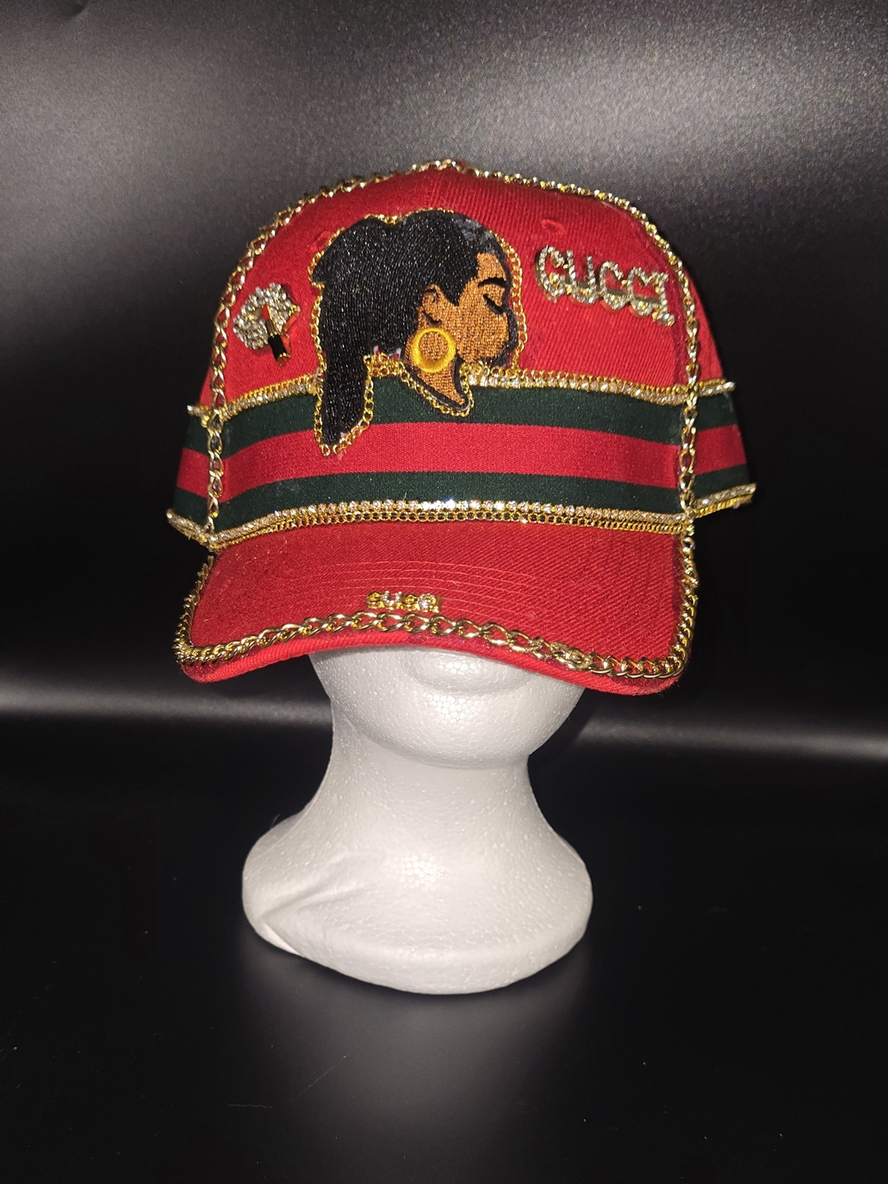 Red Cap with Green-Red Stripe and Gold Trim